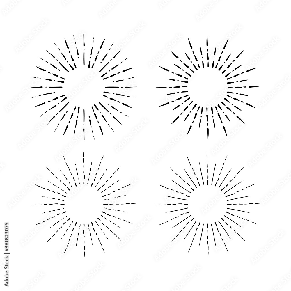 Obraz premium Sun rays images in Hand Drawing style on white background.