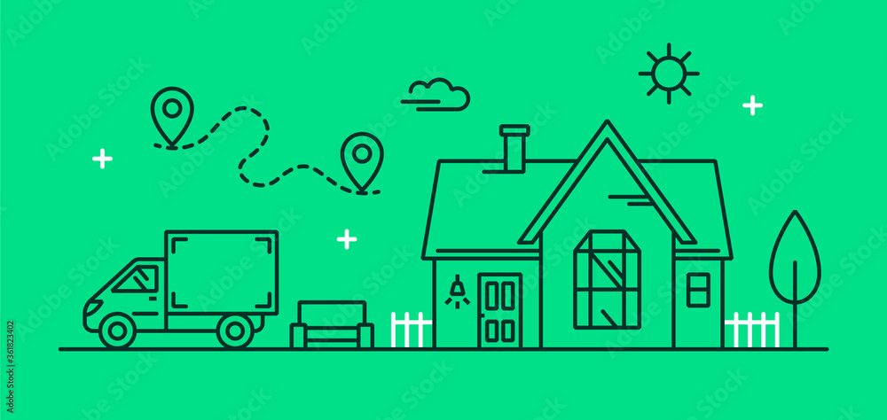 Concept for moving to a new home. Vector linear illustration of a new country house, a cargo van with furniture and a moving route. Furniture transportation services.