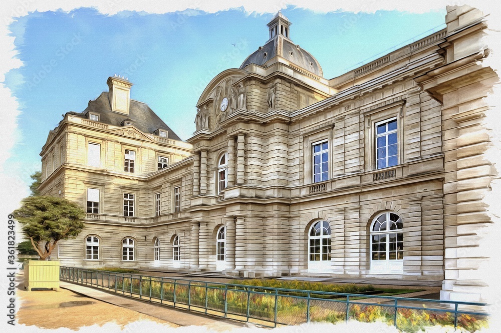 Luxembourg Palace. French Senate. Imitation of oil painting. Illustration