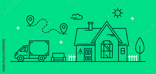 Concept for moving to a new home. Vector linear illustration of a new country house, a cargo van with furniture and a moving route. Furniture transportation services.