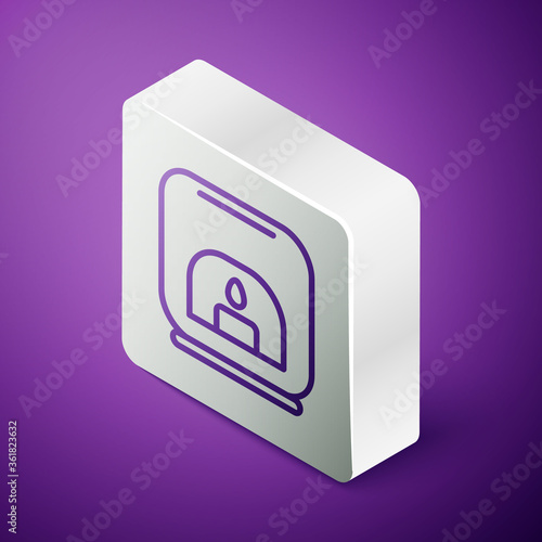 Isometric line Aroma lamp icon isolated on purple background. Silver square button. Vector Illustration.