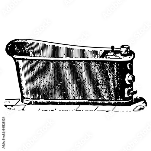 Vintage engraving of a bathroom with soaking tub