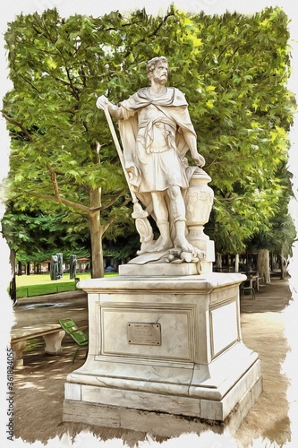 In the Tuileries Gardens. Ancient sculpture Hannibal. Imitation of oil painting. Illustration