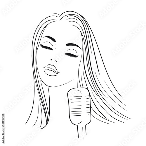 Woman with a microphone on a white background, vocalist. Vector illustration. Beautiful young woman sings.