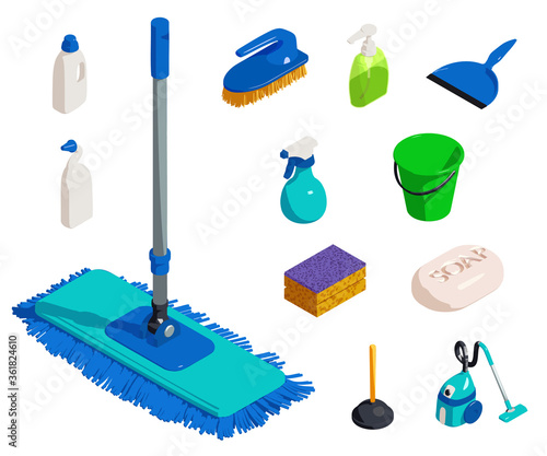 Cleaner equipment icons set. Isometric set of cleaner equipment vector icons for web design isolated on white background