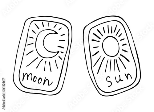Black outline tarot cards with sun and moon. Vector graphic illustration isolated on whitebackground.