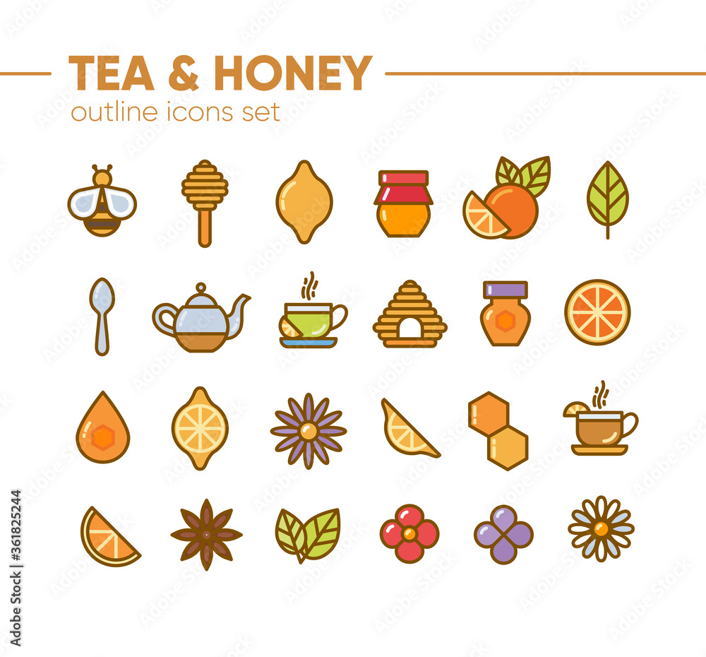 Tea and honey outline icon set with honey bee, cup of tea, kettle, spoon, lemon, honey jar, camomile. Suitable for branding, coffee shop, restaurant, menu, beekeeping, banner, card. Vector, eps 10