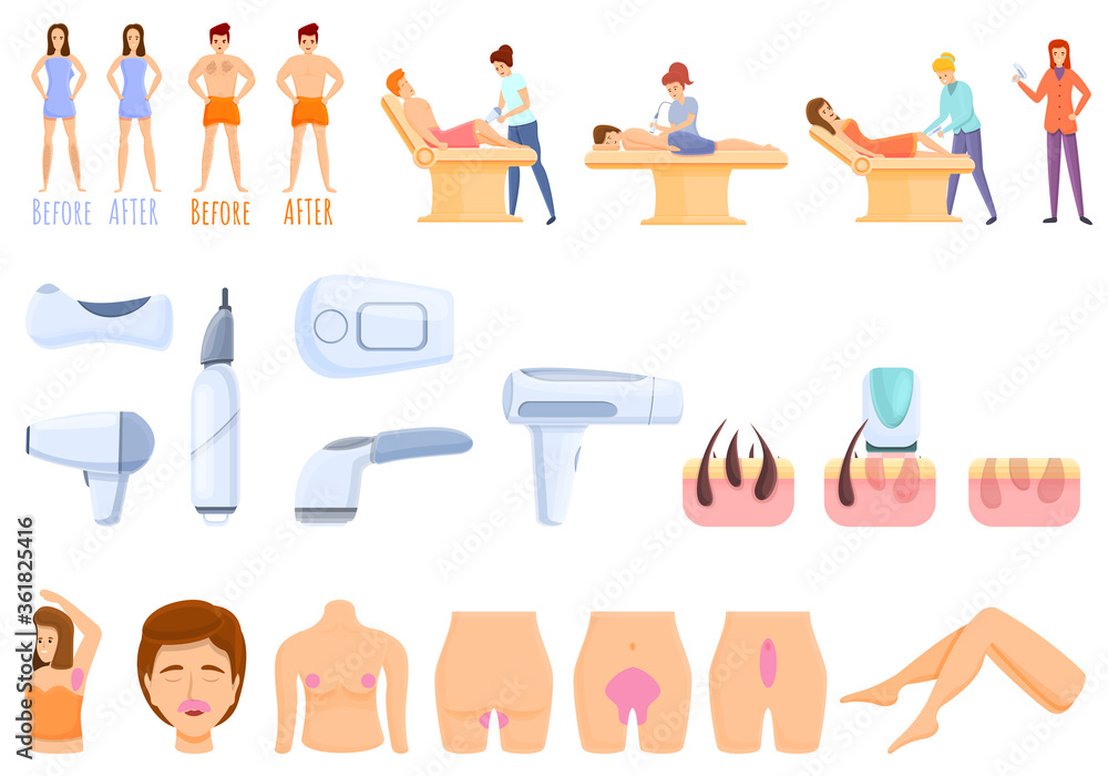 Laser hair removal icons set. Cartoon set of laser hair removal vector icons for web design