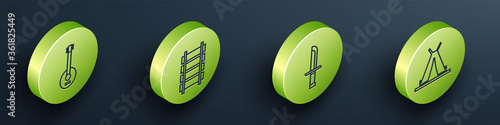 Set Isometric Banjo, Railway, railroad track, Military knife and Indian teepee or wigwam icon. Vector.