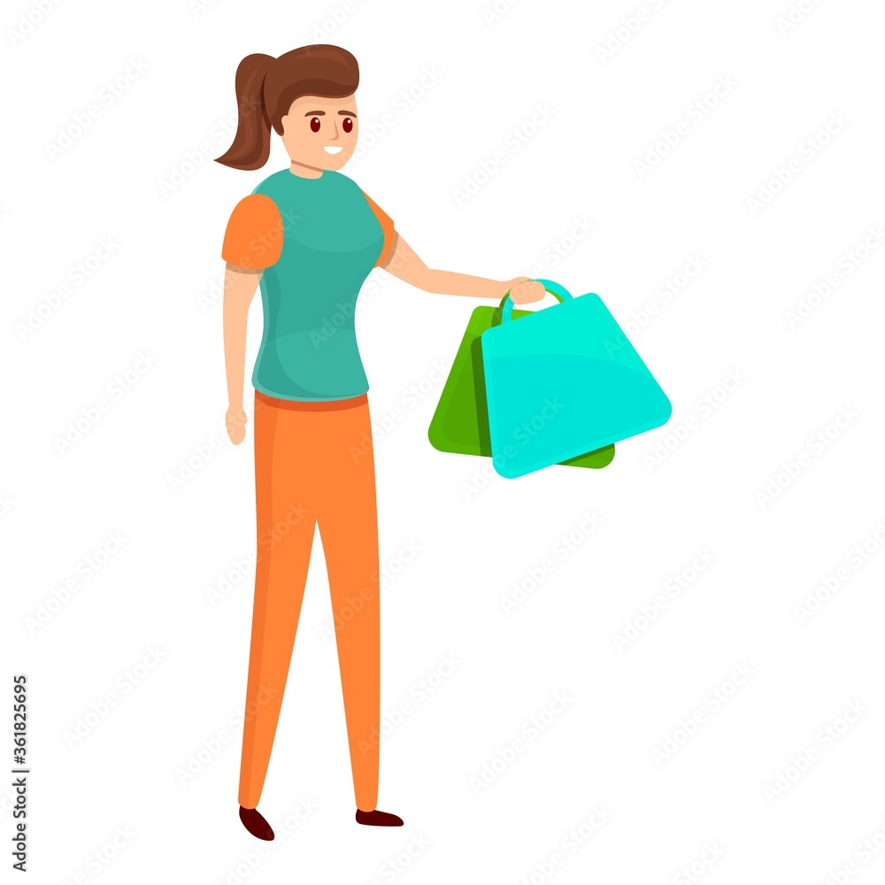 Girl take shop bags icon. Cartoon of girl take shop bags vector icon for web design isolated on white background