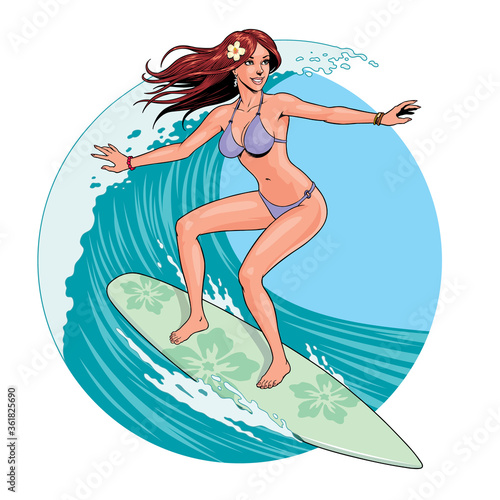 Surfer girl in bikini riding a surfboard, catching a ocean wave. Vector illustration.