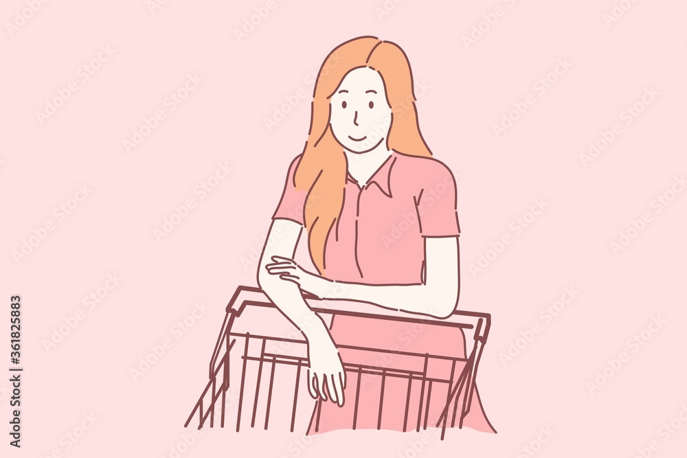 Woman and shopping cart, shopping time concept, Hand drawing character vector. Woman and shopping cart, shopping time concept, Hand drawing character vector.