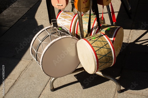 High angle shot of different sized davuls in the market outdoors photo