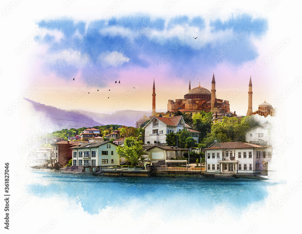 Hagia Sophia. Istanbul, Turkey. Graphical sketch.  Watercolor sketch.