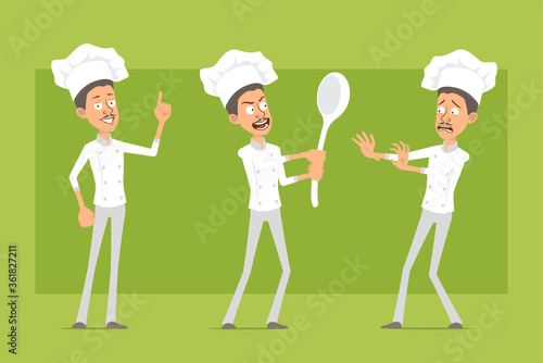 Cartoon flat funny chef cook man character in white uniform and baker hat. Man scared, holding big spoon and showing attention sign. Ready for animation. Isolated on green background. Vector icon set.