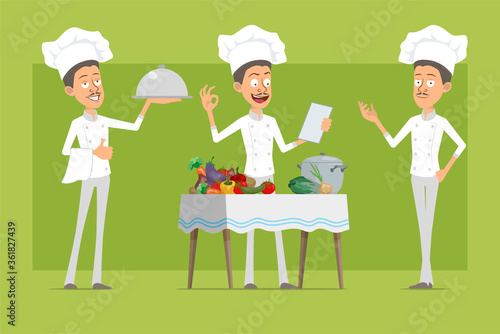 Cartoon flat funny chef cook man character in white uniform and baker hat. Man with tray cooking food from different vegetables. Ready for animation. Isolated on green background. Vector icon set.