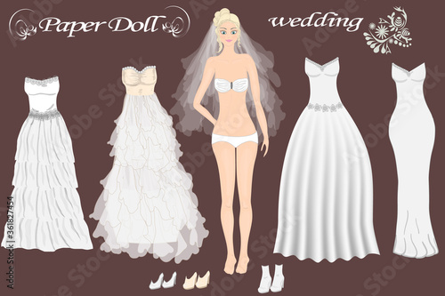 Paper doll of beautiful girl with wedding dresses. Body templates.