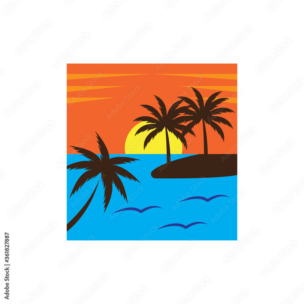 sunset coconut tree colorful beach illustration vector design