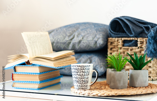 Cozy home interior decor: stack of books, plants in pots on a wicker stand, pillows and plaid on a white table. Distance home education. Quarantine concept of stay home.