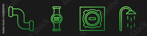 Set line Manhole sewer cover, Industry metallic pipe, Water meter and Shower. Gradient color icons. Vector.