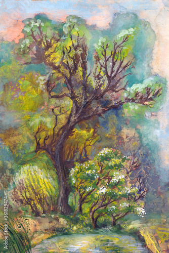 Landscape with a tree drawn in watercolor and gouache. Sky with a pink tinge, a lot of greenery, a Bush with white flowers, summer or spring.