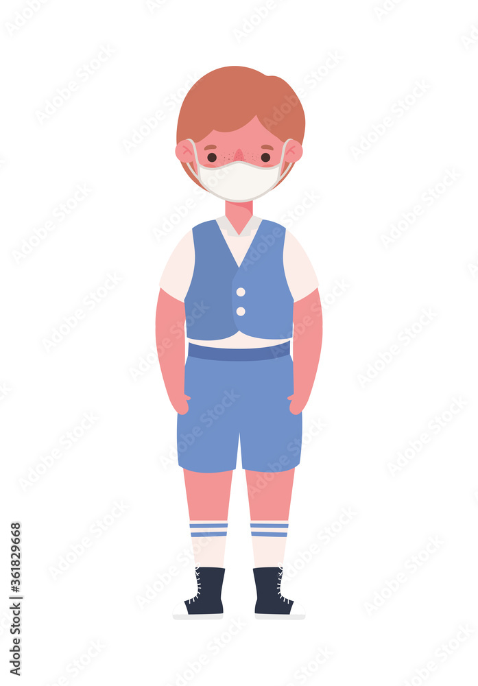 Boy kid with medical mask and uniform design, Back to school theme Vector illustration Boy kid with medical mask and uniform design, Back to school theme Vector illustration