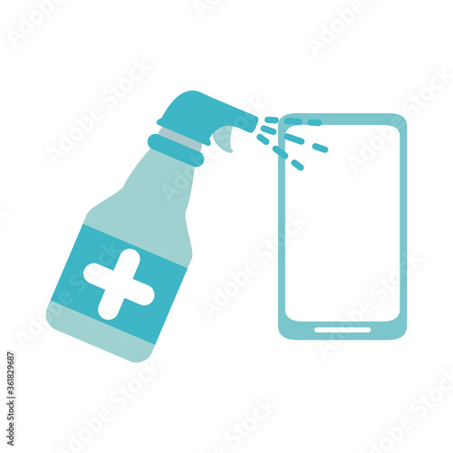covid 19 coronavirus, wipe phone with alcohol spray bottle, prevention outbreak disease pandemic flat design icon