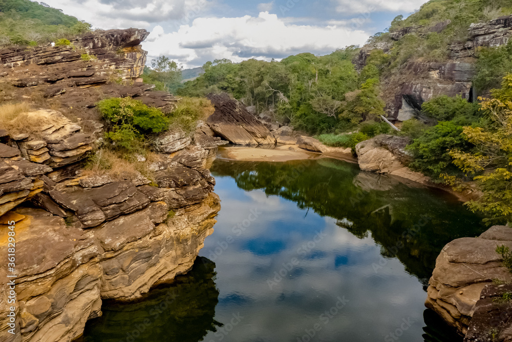 Large rock formations on the banks of the Santo Antonio River, municipality of Conceicao do Mato Dentro, state of Minas Gerais, Brazil