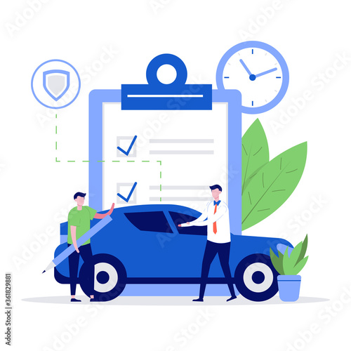 Car insurance concept with car, contract paper and people characters. Modern vector illustration in flat style for landing page, mobile app, banner, web, backgrounds, infographics, hero images