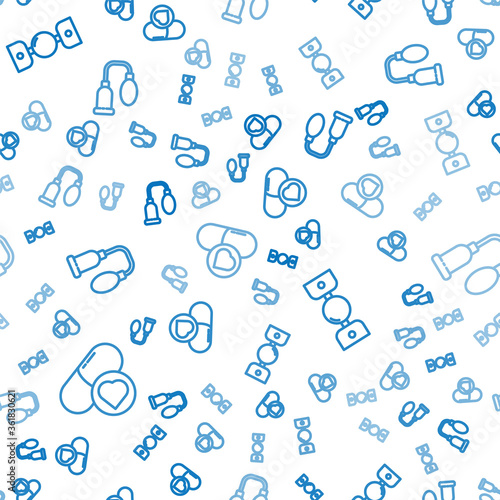 Set line Pills for potency, aphrodisiac, Silicone ball gag with belt and Penis pump on seamless pattern. Vector.