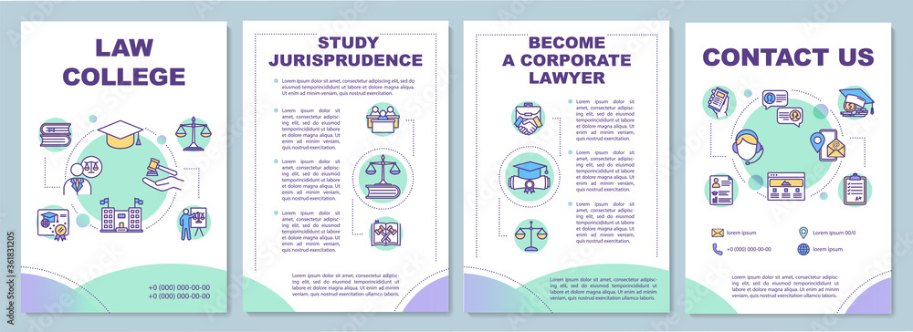 Law college brochure template. Legal education. Lawyer degree. Flyer, booklet, leaflet print, cover design with linear icons. Vector layouts for magazines, annual reports, advertising posters