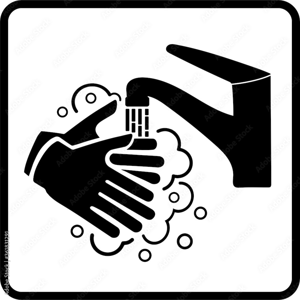 panneau concernant le lavage des mains représenter avec des mains un robinet du savon et de l'eau en noir dans un carré blanc avec bordure noire panneau concernant le lavage des mains représenter avec des mains un robinet du savon et de l'eau en noir dans un carré blanc avec bordure noire