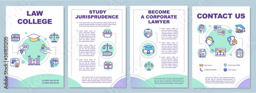 Law college brochure template. Legal education. Lawyer degree. Flyer, booklet, leaflet print, cover design with linear icons. Vector layouts for magazines, annual reports, advertising posters