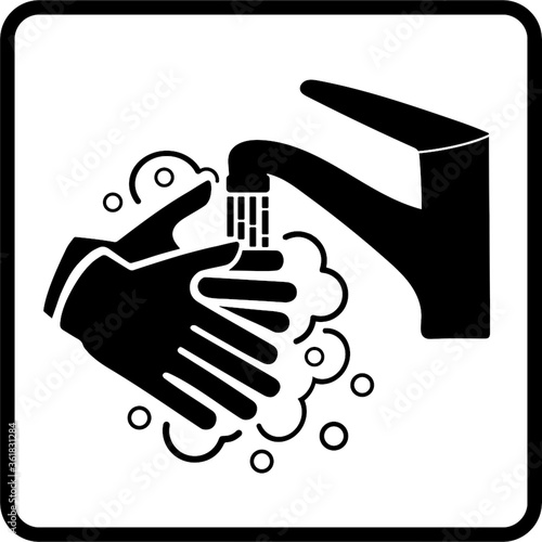 panneau concernant le lavage des mains représenter avec des mains un robinet du savon et de l'eau en noir dans un carré blanc  avec bordure noire 