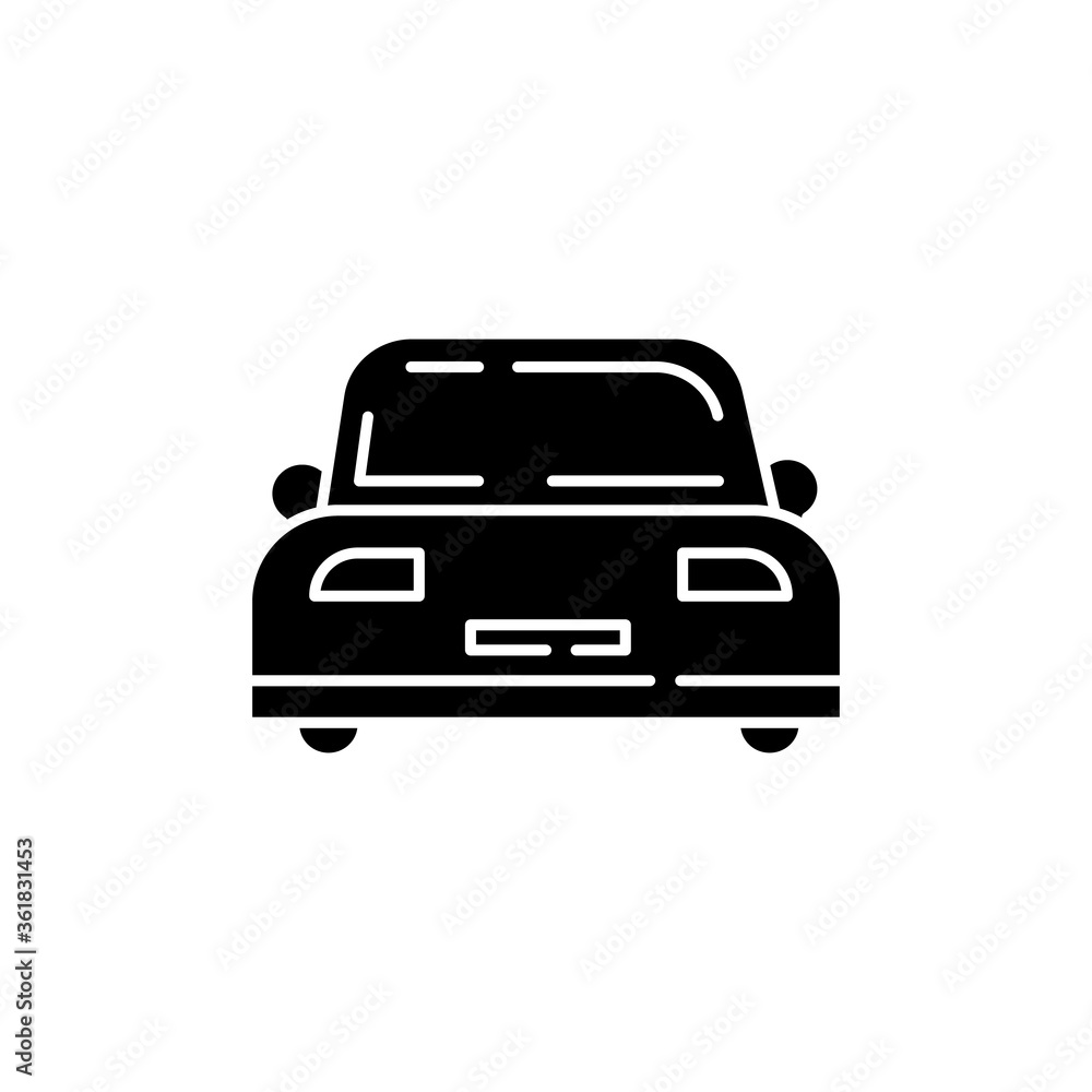 Auto black glyph icon. Front view on car. Vehicle for transportation. Personal car. Clear windshield. Sedan for carsharing. Taxi service. Silhouette symbol on white space. Vector isolated illustration