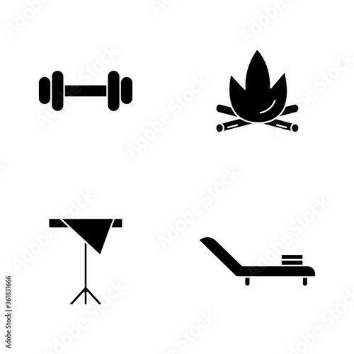 Hotel service black glyph icons set on white space. Fitness center. Gym for workout. Fireplace for campsite. Table with cloth in restaurant. Silhouette symbols. Vector isolated illustration