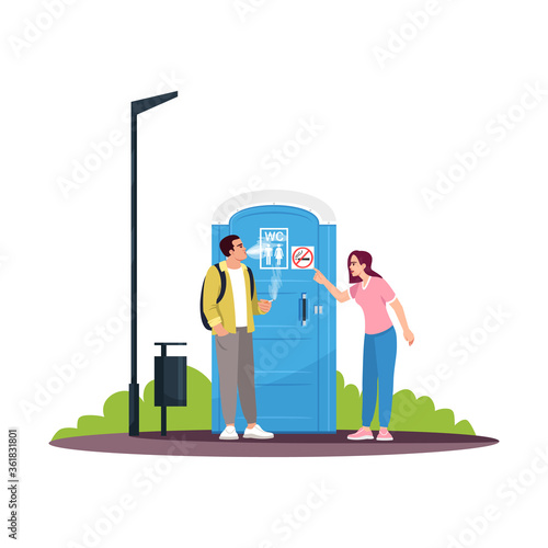 Man smoking next to a no smoking WC semi flat RGB color vector illustration. Criticizing for breaking rules. Blue portable unisex public toilet. Isolated cartoon character on white background