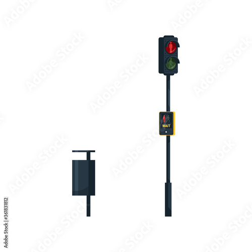 Public convenience and safety facilities semi flat RGB color vector illustrations set. Traffic light with wait, walk button. Trash bin, container. Isolated cartoon items on white background
