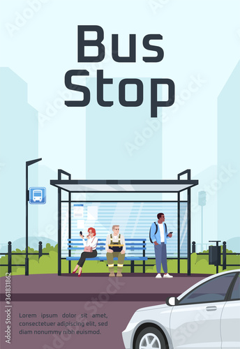 Bus stop poster template. Commercial flyer design with semi flat illustration. Vector cartoon promo card. Urban public transport station, shelter with cityscape advertising invitation