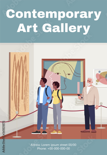 Contemporary art gallery poster template. Commercial flyer design with semi flat illustration. Vector cartoon promo card. Modern art collection, museum, auction advertising invitation