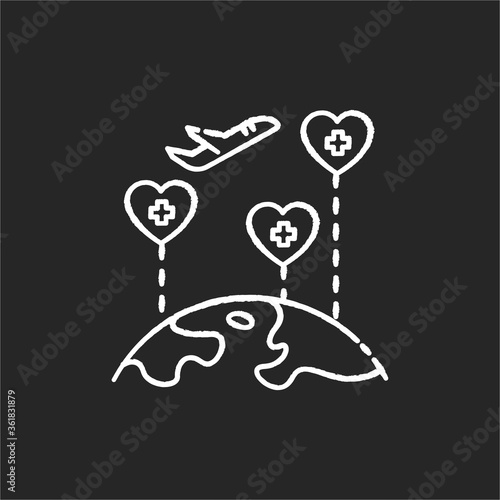 Medical tourism chalk white icon on black background. International wellness tour. Visiting sanatorium and healthcare resorts. Health improving journey. Isolated vector chalkboard illustration