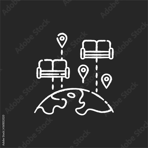 Couchsurfing chalk white icon on black background. Budget tourism. Finding affordable accommodation in travel. Hospitality exchange. World map with couches isolated vector chalkboard illustration