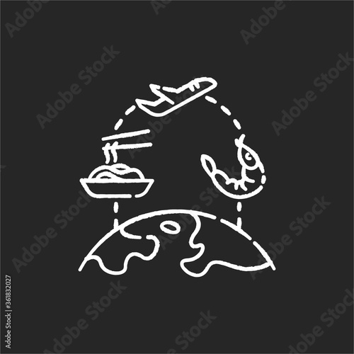 Food tourism chalk white icon on black background. International culinary tours. Exploring international kitchen, traditional cuisine. World map with dishes isolated vector chalkboard illustration