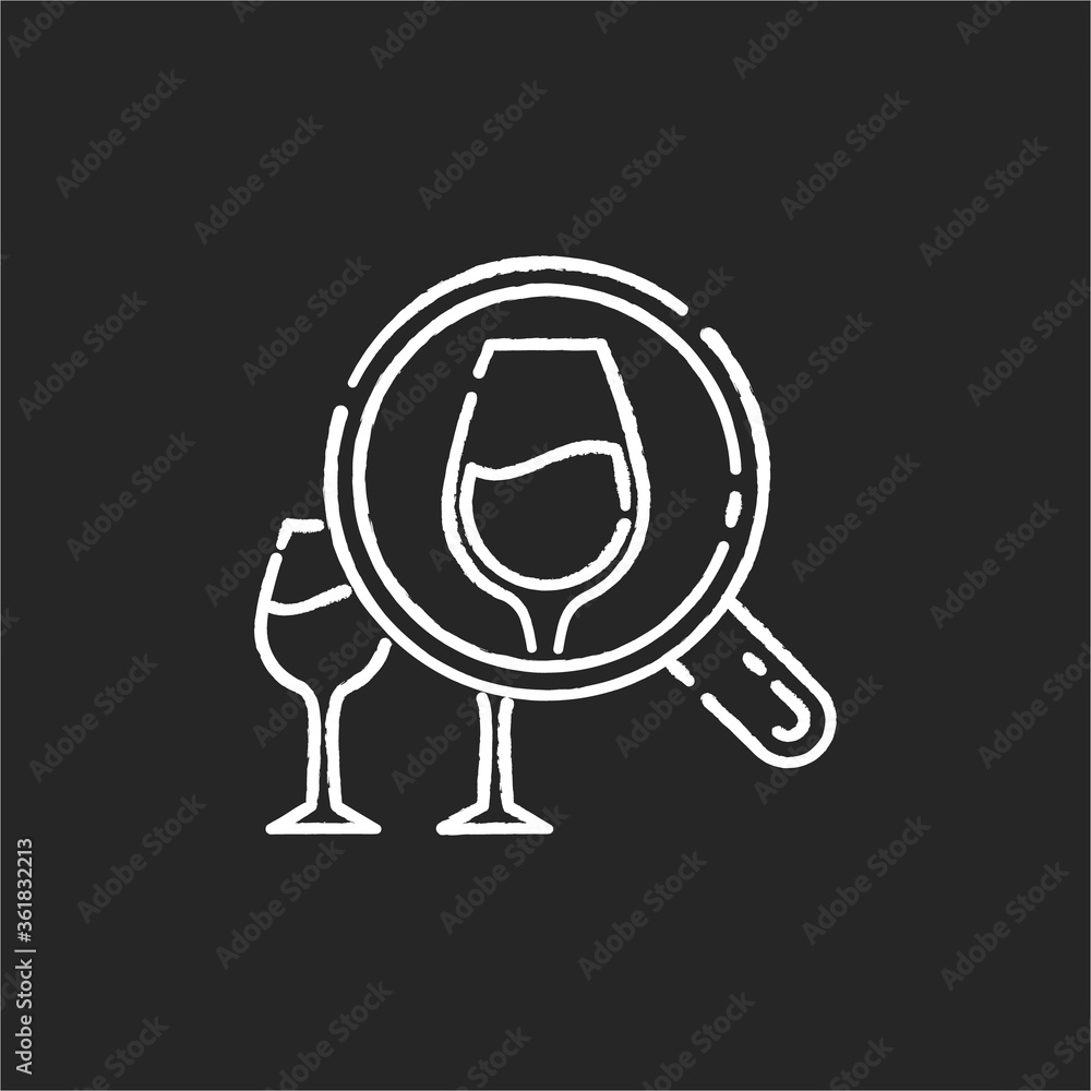 Enotourism chalk white icon on black background. Wine tasting tours, winemaking. Alcohol drinks degustation on vacation. Wineglasses under magnifying glass isolated vector chalkboard illustration Enotourism chalk white icon on black background. Wine tasting tours, winemaking. Alcohol drinks degustation on vacation. Wineglasses under magnifying glass isolated vector chalkboard illustration