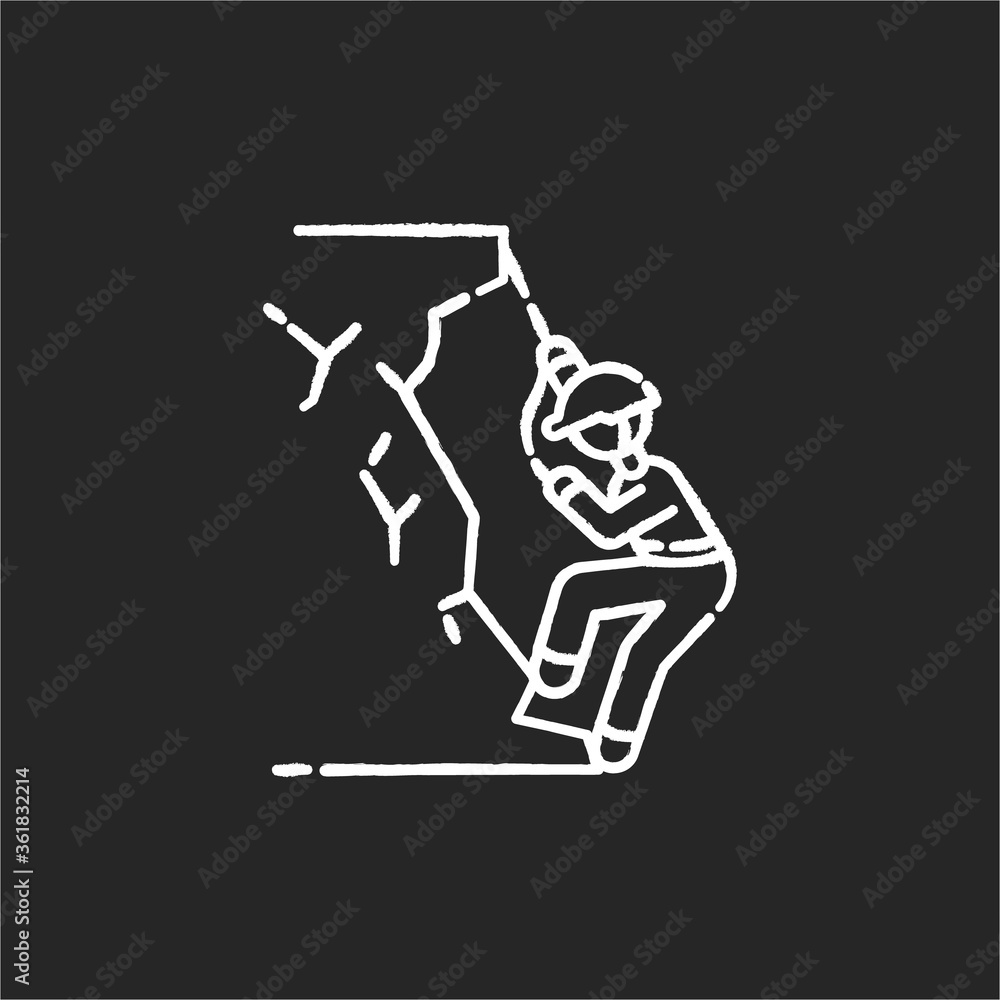Mountaineering chalk white icon on black background. Extreme tourism activity, dangerous adventure vacation. Alpine climbing sport, mountains exploration. Isolated vector chalkboard illustration Mountaineering chalk white icon on black background. Extreme tourism activity, dangerous adventure vacation. Alpine climbing sport, mountains exploration. Isolated vector chalkboard illustration