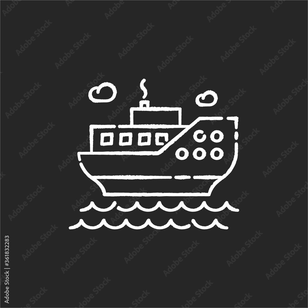Sea cruise chalk white icon on black background. Nautical tourism, holiday voyage, sailing. Luxurious journey, vacation on ocean liner. Large passenger ship isolated vector chalkboard illustration Sea cruise chalk white icon on black background. Nautical tourism, holiday voyage, sailing. Luxurious journey, vacation on ocean liner. Large passenger ship isolated vector chalkboard illustration
