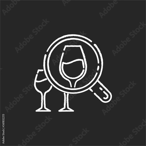 Enotourism chalk white icon on black background. Wine tasting tours, winemaking. Alcohol drinks degustation on vacation. Wineglasses under magnifying glass isolated vector chalkboard illustration