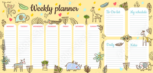 Children s schedule with savannah animals living in the zoo.