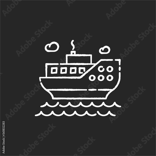 Sea cruise chalk white icon on black background. Nautical tourism, holiday voyage, sailing. Luxurious journey, vacation on ocean liner. Large passenger ship isolated vector chalkboard illustration