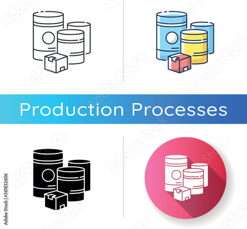 Raw materials icon. Linear black and RGB color styles. Natural resources, industrial manufacturing. Fuel and minerals storage containers. Box and barrels isolated vector illustrations